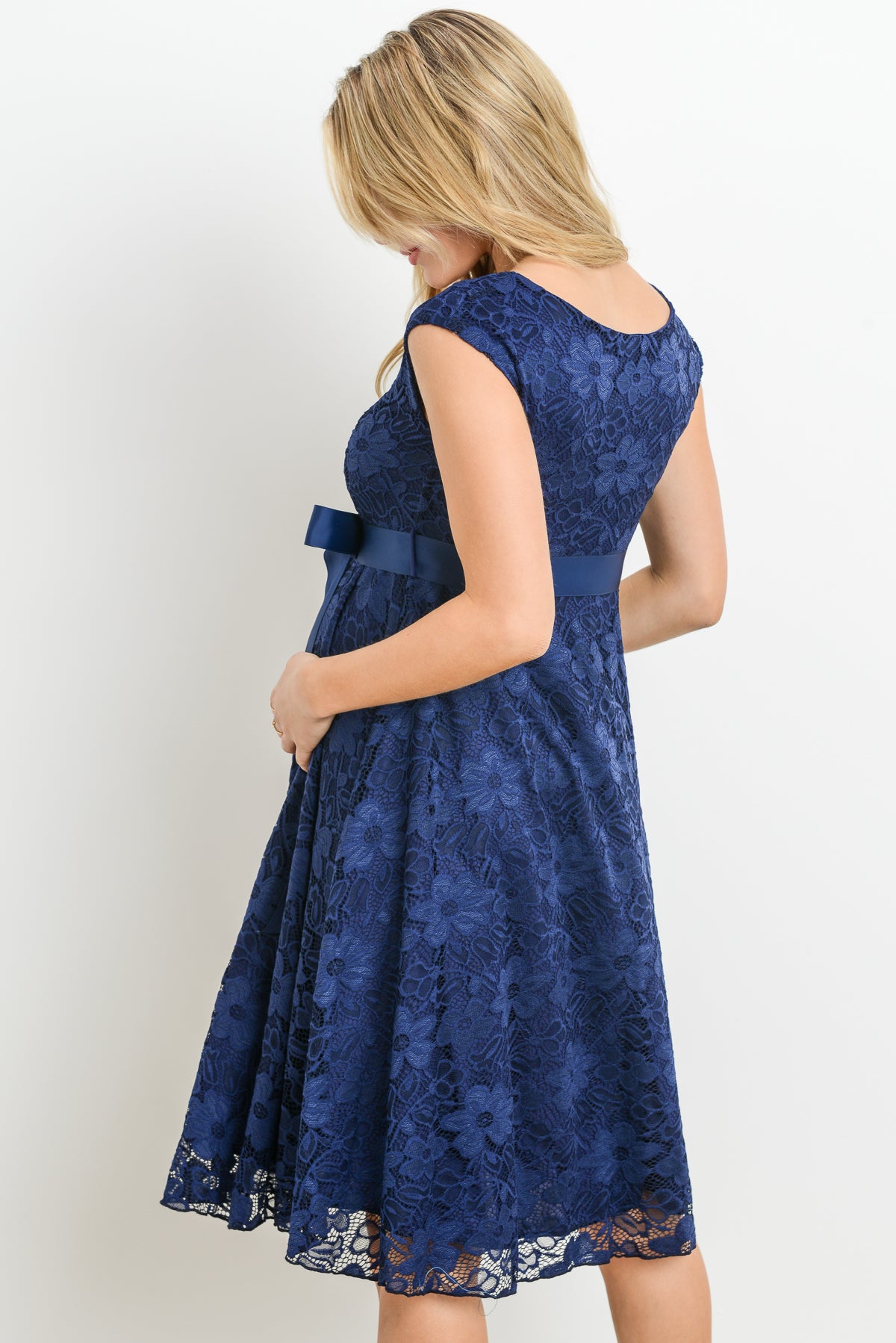 Navy Satin Lace Maternity Dress - ON SALE
