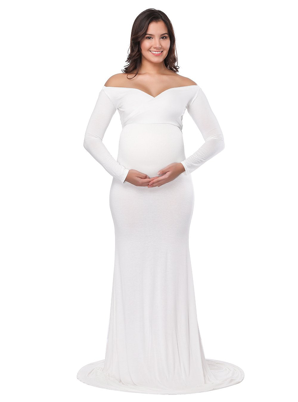 Fitted Maternity Gown Long Sleeve Cross-Front Maxi Dress