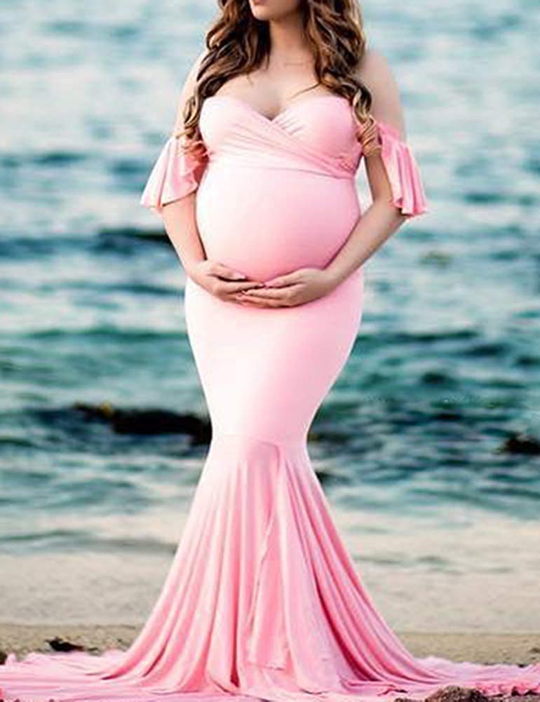 Shoulder Ruffle Sleeves Fitted Maxi Maternity Dress