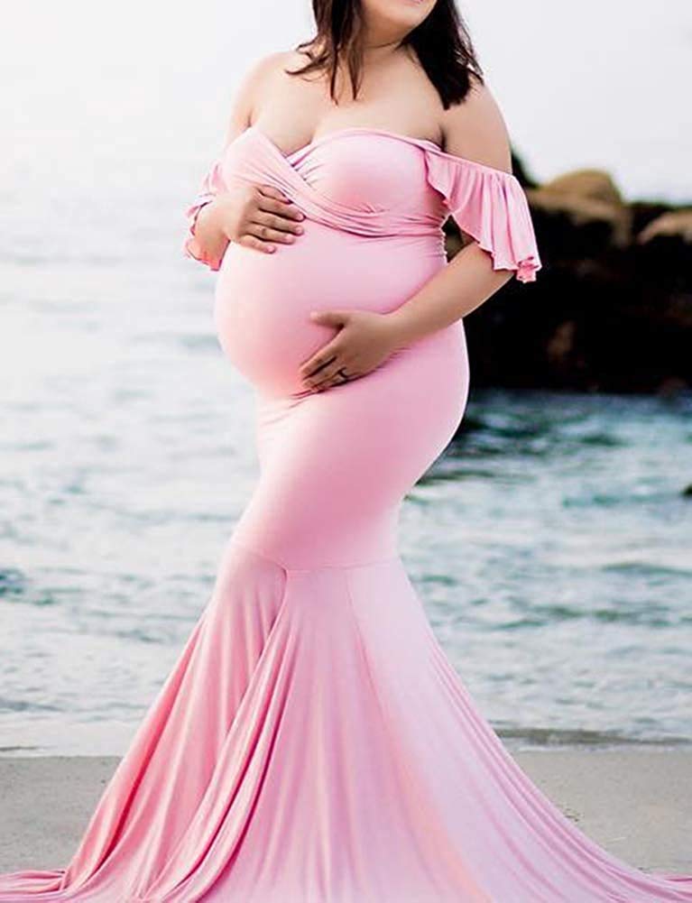 Shoulder Ruffle Sleeves Fitted Maxi Maternity Dress