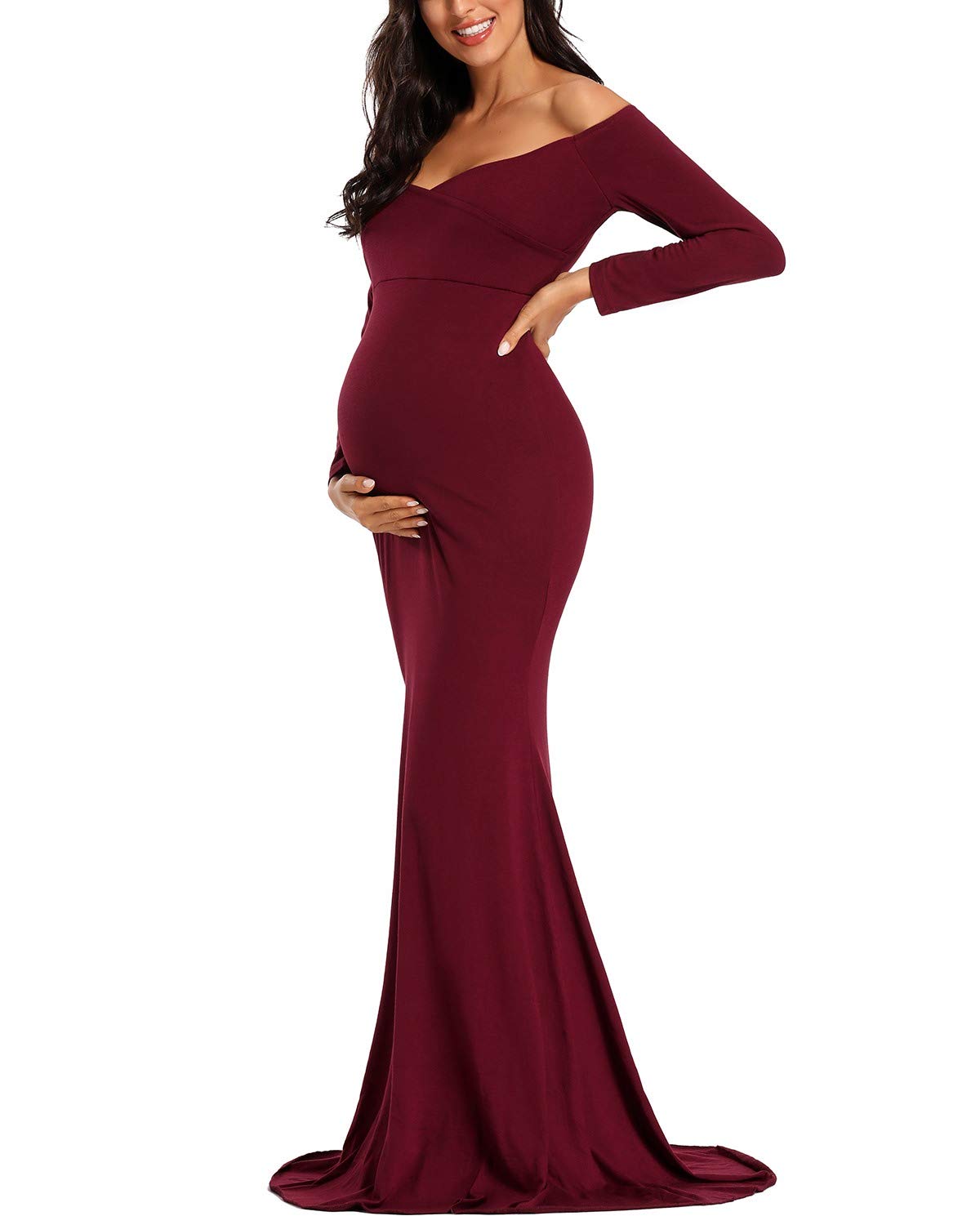 Off Shoulder Slim Cross-Front V Neck Long Sleeve Maternity Dress