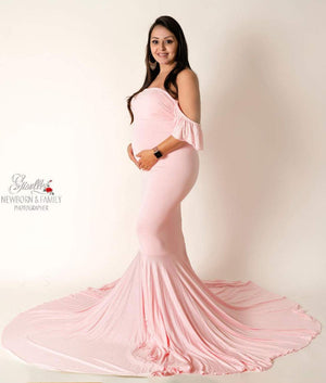 Shoulder Ruffle Sleeves Fitted Maxi Maternity Dress
