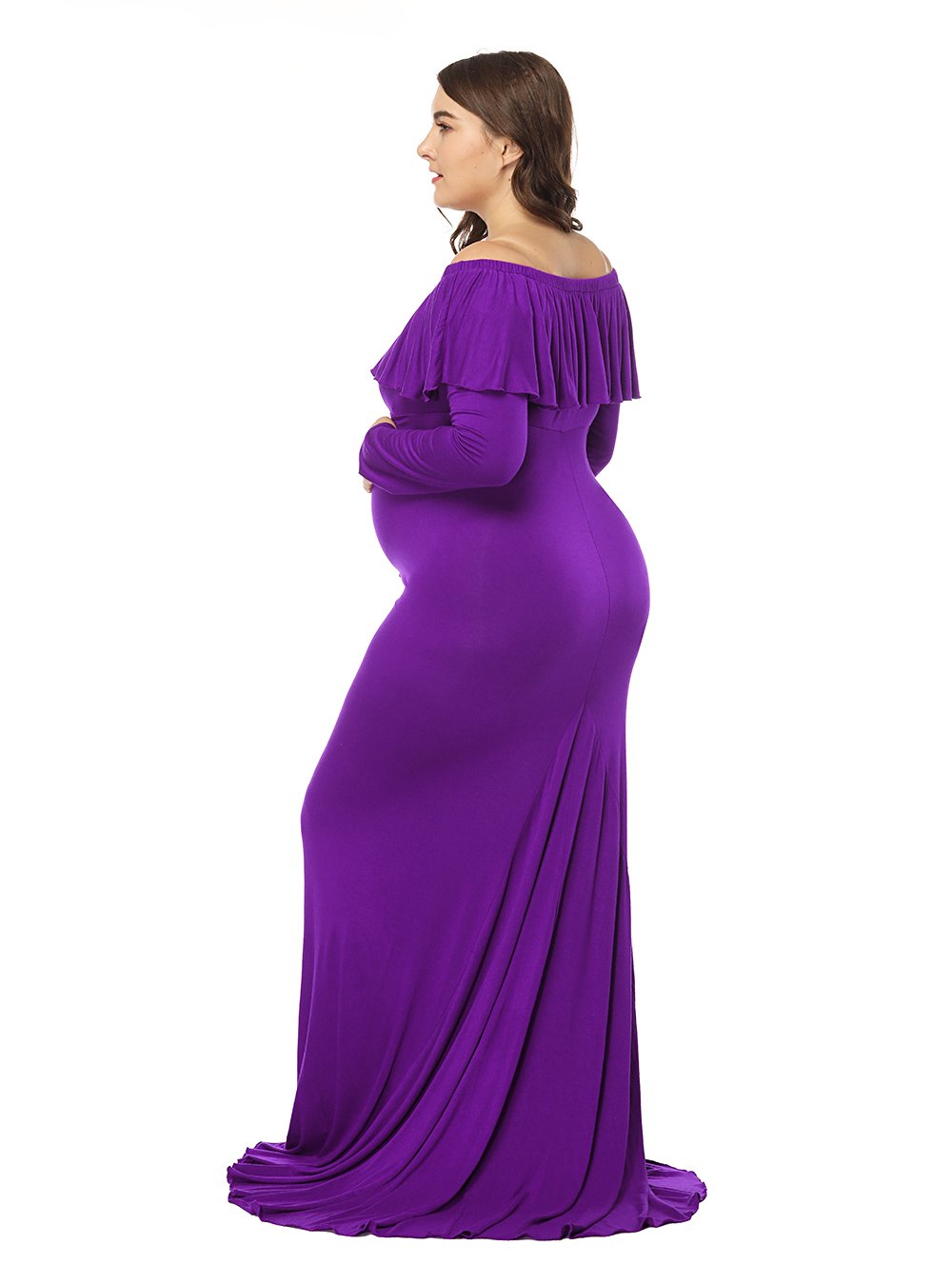 Fitted Long Sleeve Off Shoulder Ruffles Maxi Maternity Dress
