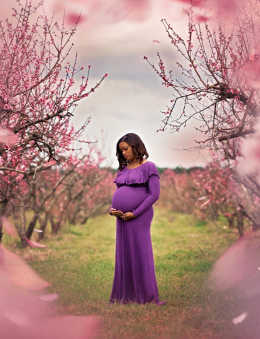 Fitted Long Sleeve Off Shoulder Ruffles Maxi Maternity Dress