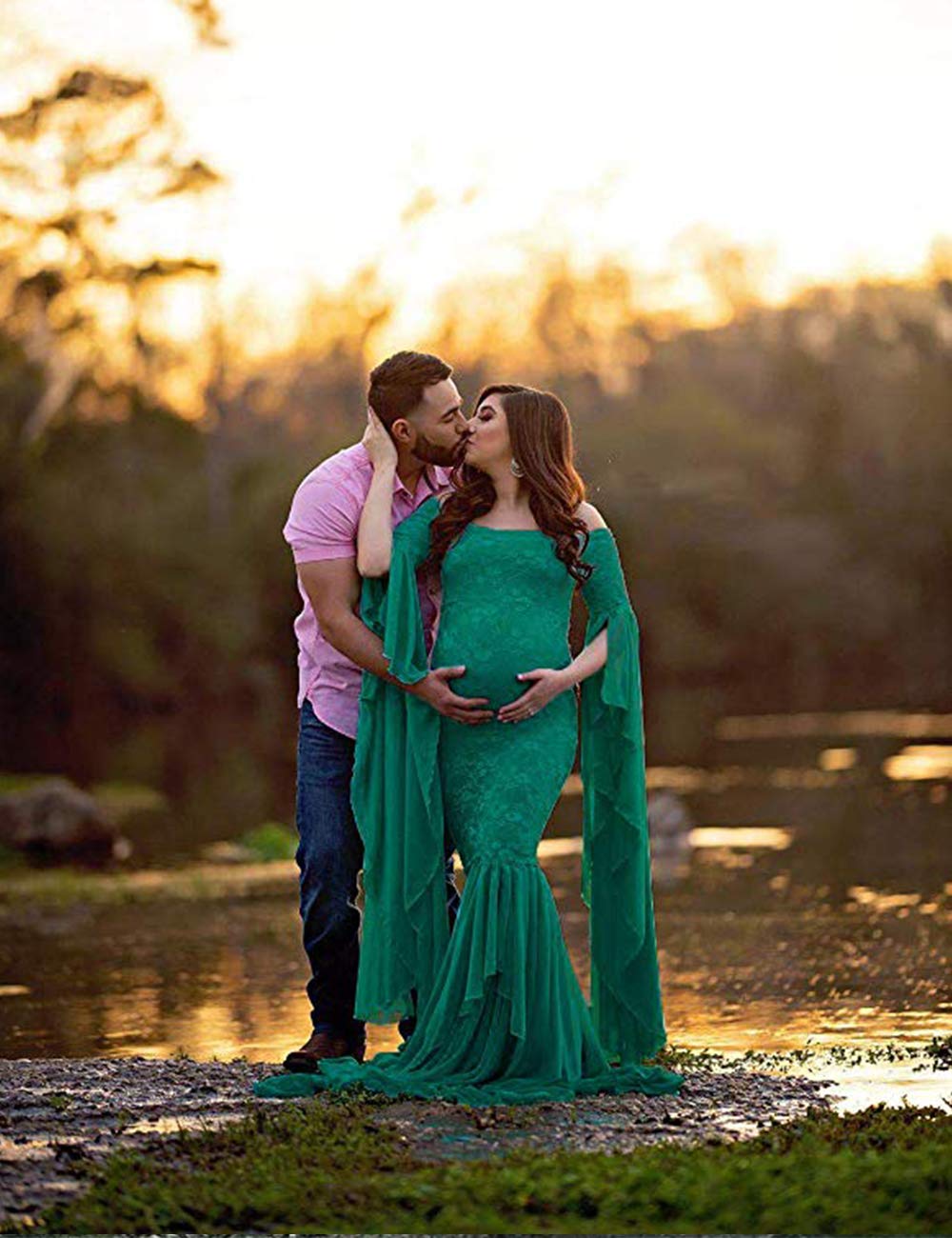 Fitted Gown Off Shoulder Long Flare Sleeve Chiffon Mermaid Maternity Dress