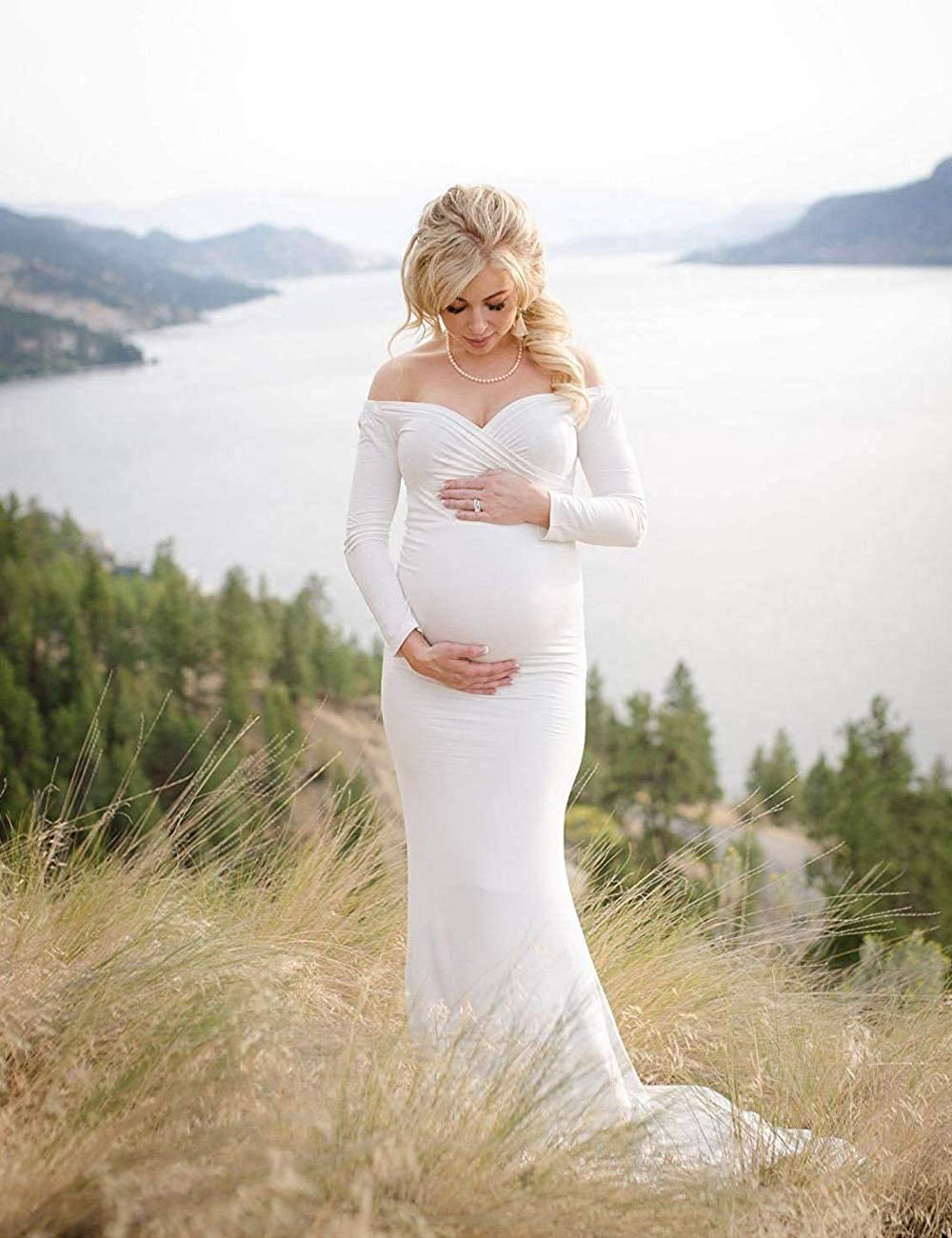 Fitted Maternity Gown Long Sleeve Cross-Front Maxi Dress