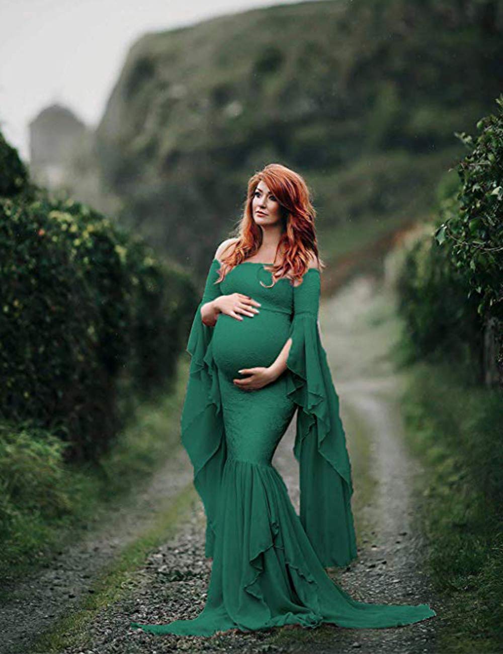 Fitted Gown Off Shoulder Long Flare Sleeve Chiffon Mermaid Maternity Dress