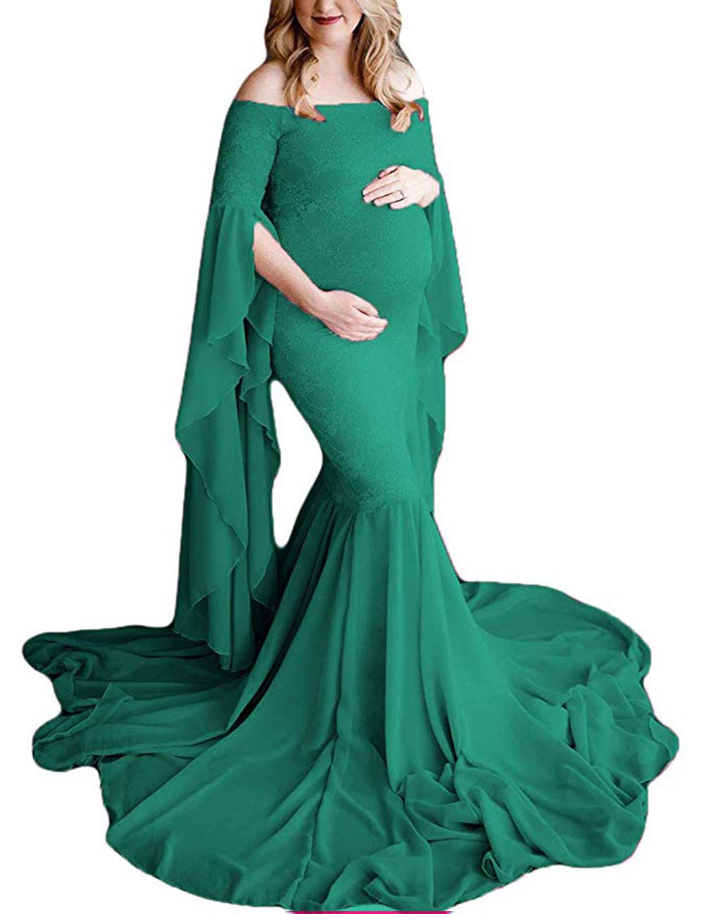 Fitted Gown Off Shoulder Long Flare Sleeve Chiffon Mermaid Maternity Dress