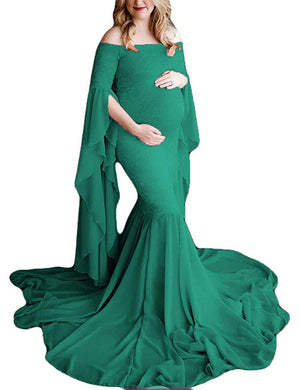 Fitted Gown Off Shoulder Long Flare Sleeve Chiffon Mermaid Maternity Dress