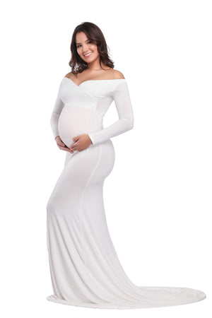 Fitted Maternity Gown Long Sleeve Cross-Front Maxi Dress