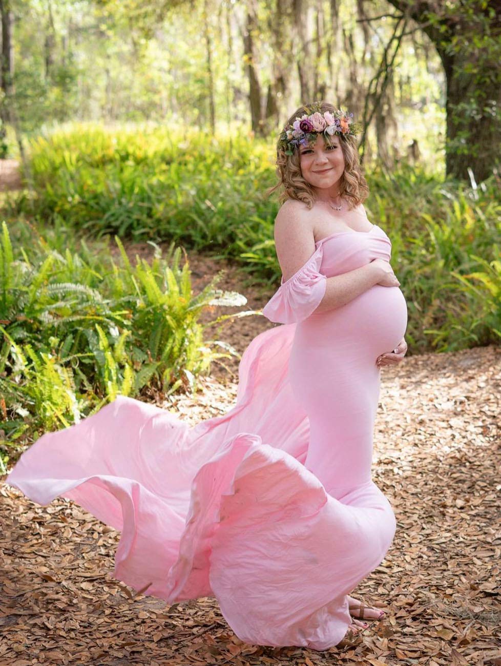 Shoulder Ruffle Sleeves Fitted Maxi Maternity Dress