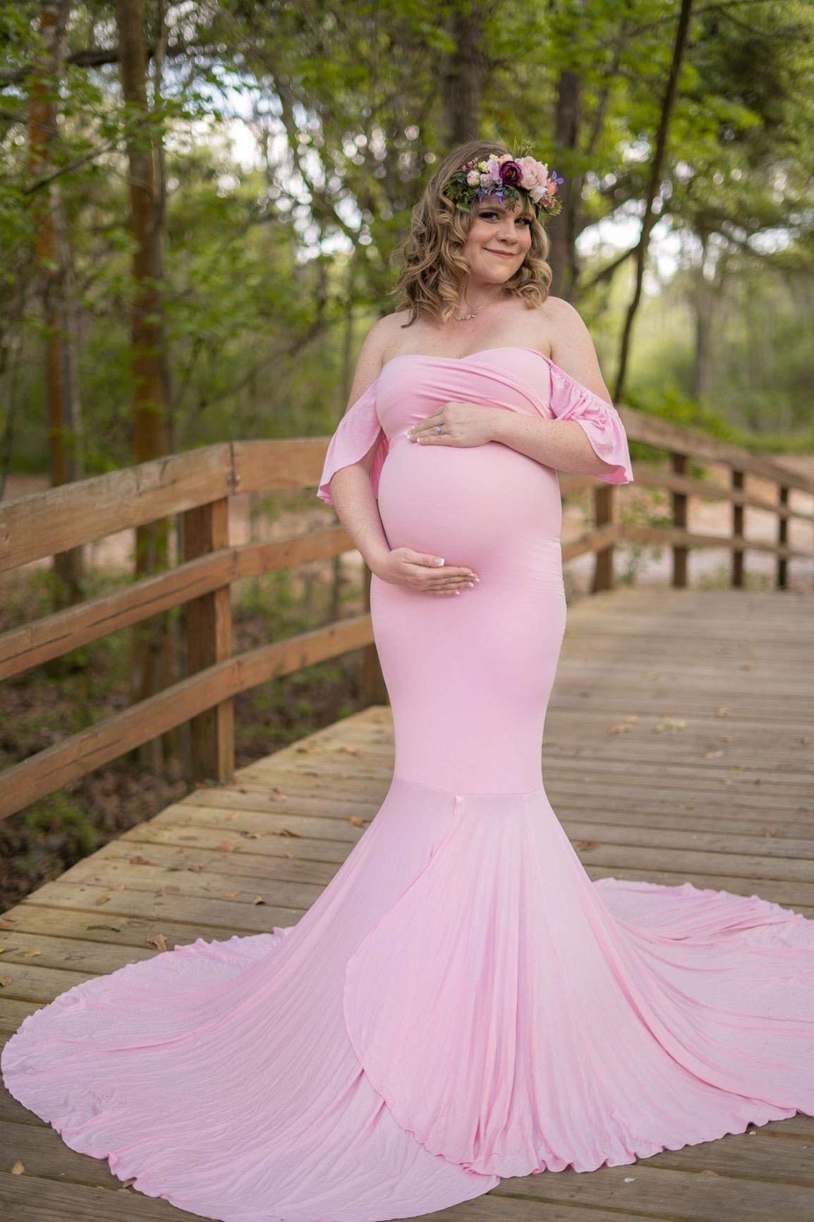 Shoulder Ruffle Sleeves Fitted Maxi Maternity Dress