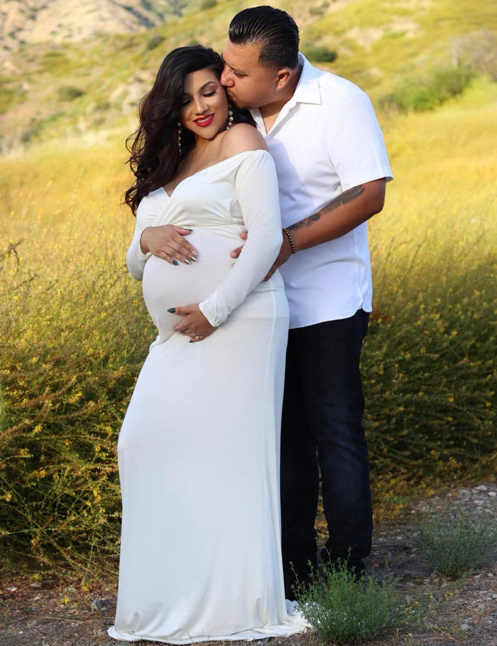 Fitted Maternity Gown Long Sleeve Cross-Front Maxi Dress