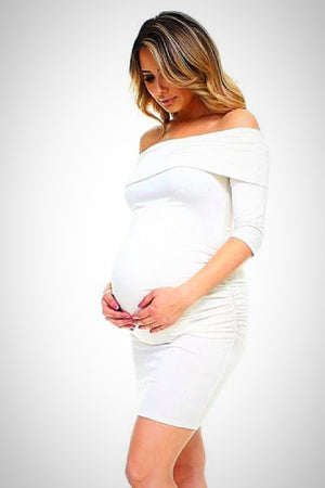 White Off The Shoulder Fitted Maternity Solid Dress