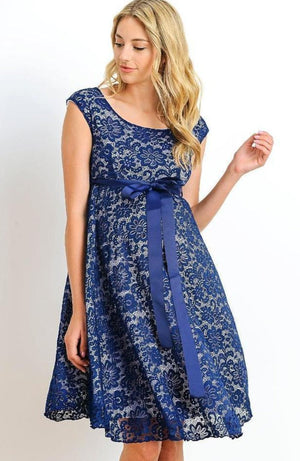 Navy-White Satin Lace Maternity Dress - ON SALE