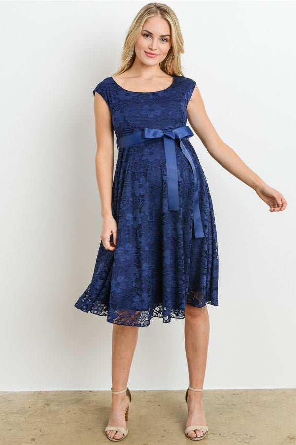 Navy Satin Lace Maternity Dress - ON SALE