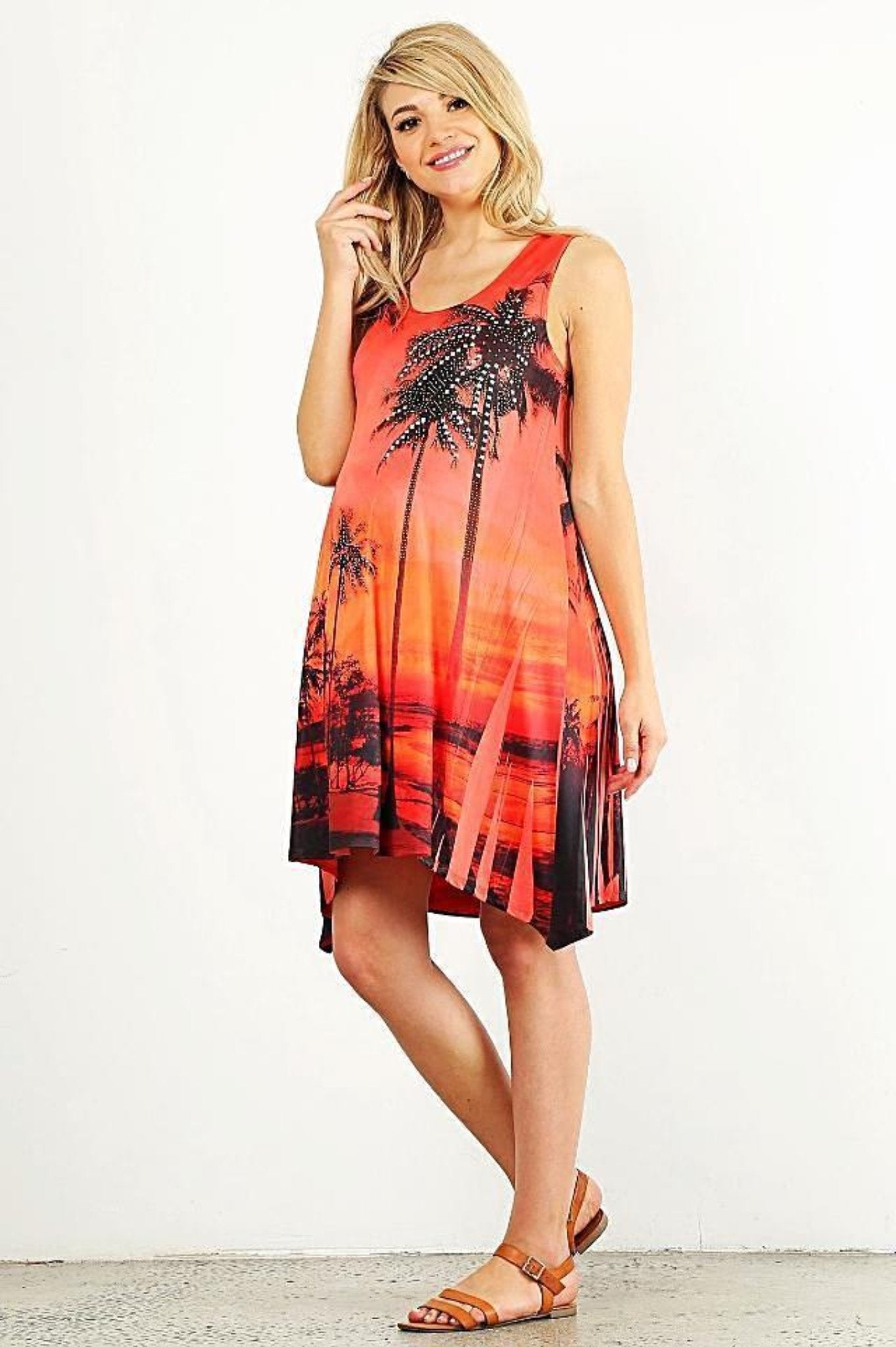 Palm Tree Print Maternity Babymoon Tank Dress