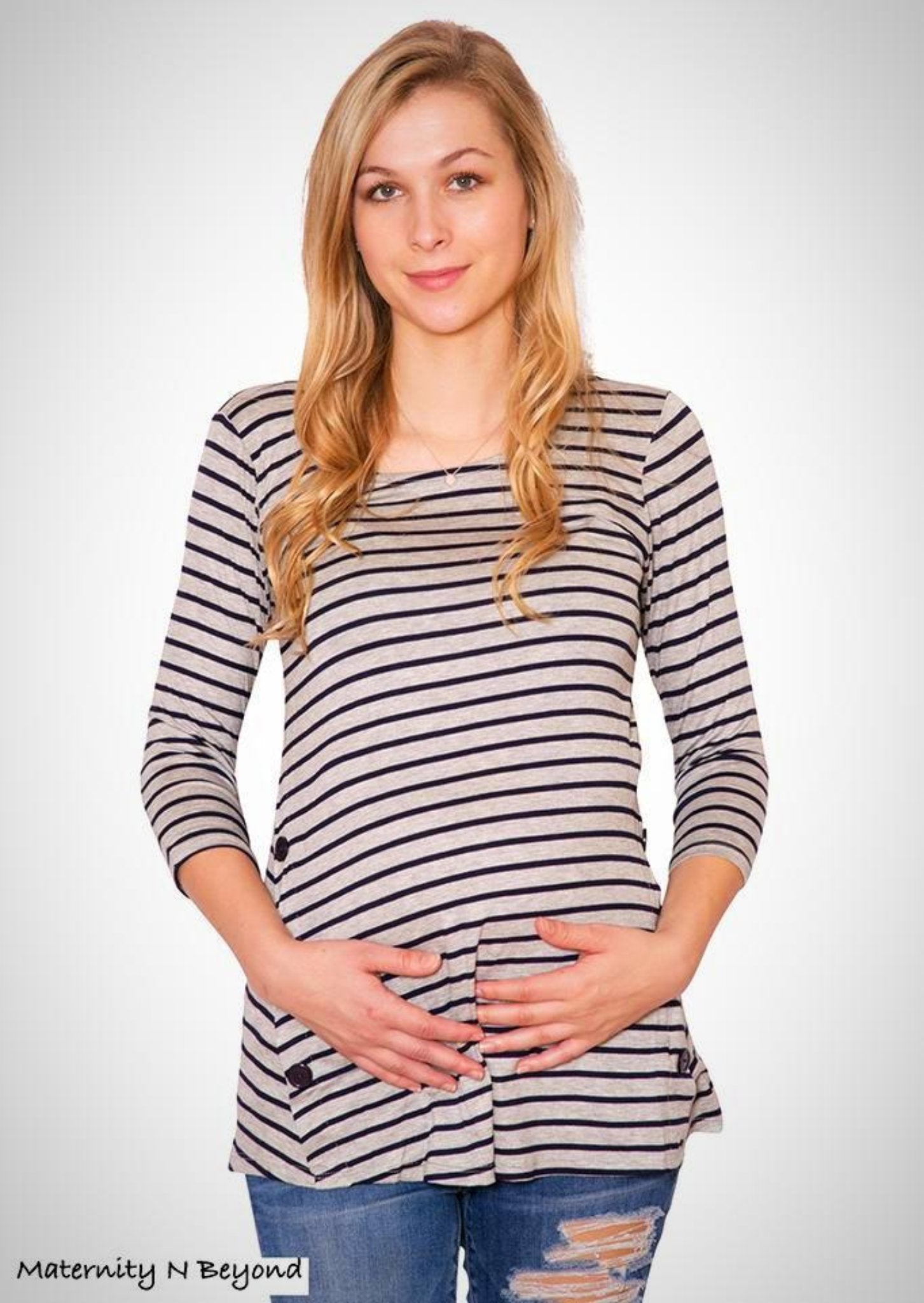 Grey Round Neck Knit Top with Navy Stripes