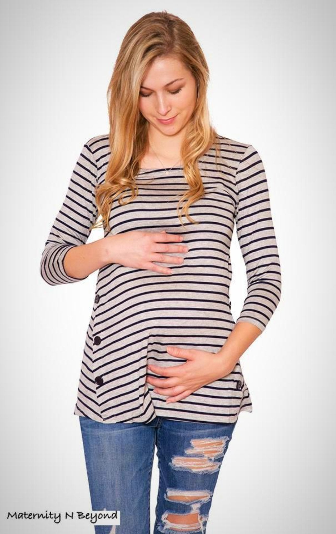 Grey Round Neck Knit Top with Navy Stripes