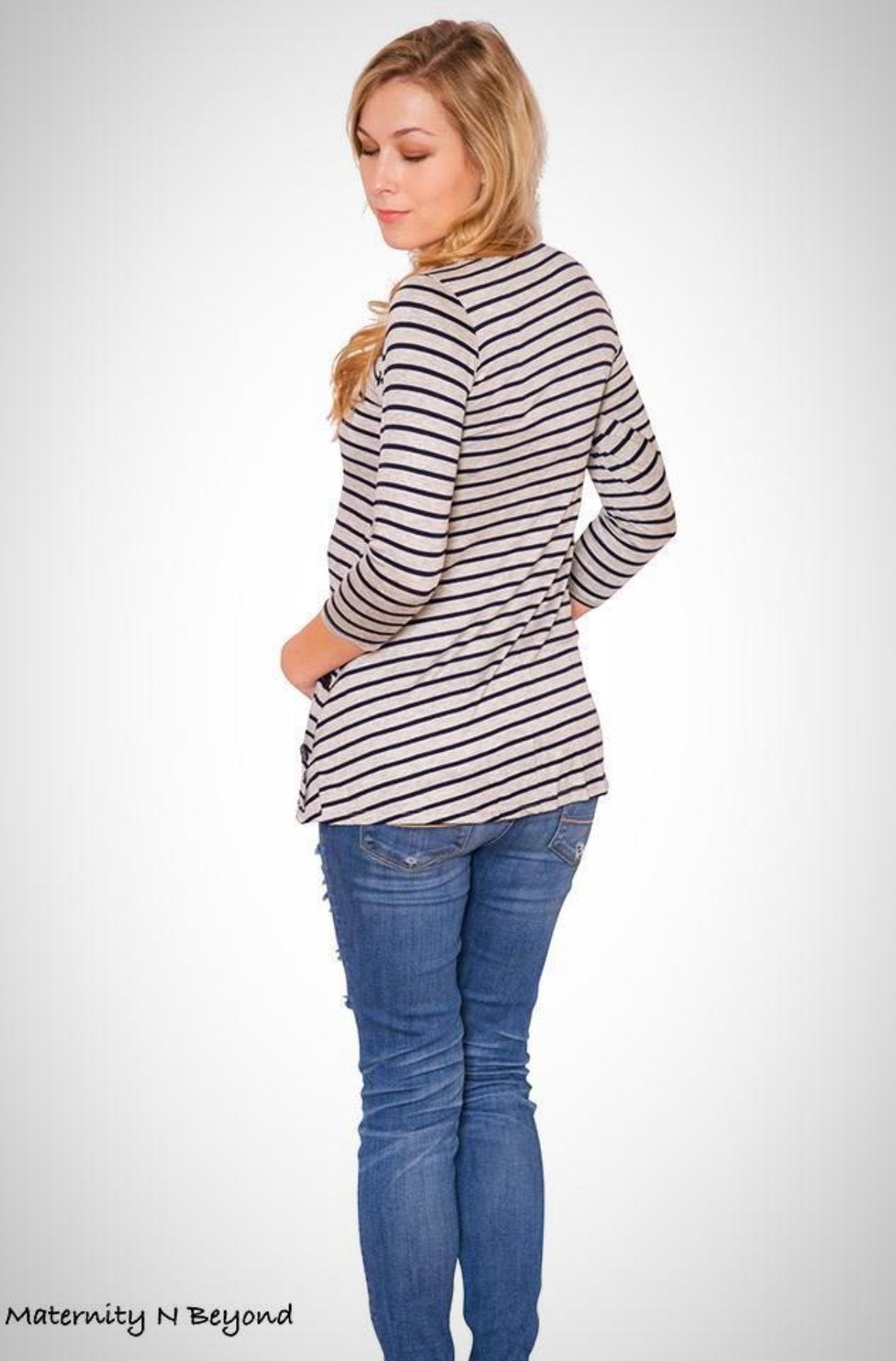 Grey Round Neck Knit Top with Navy Stripes