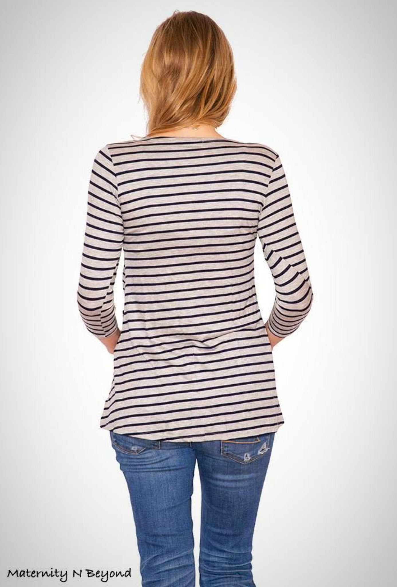 Grey Round Neck Knit Top with Navy Stripes