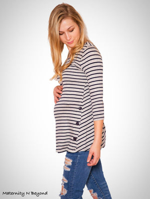 Grey Round Neck Knit Top with Navy Stripes