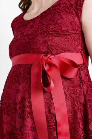 Burgundy Waist Cap Lace Maternity Dress - ON SALE