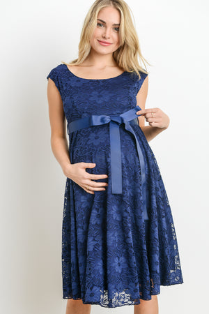Navy Satin Lace Maternity Dress - ON SALE
