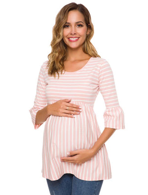 Casual Maternity Tops Striped Peplum 3/4 Ruffle Sleeve