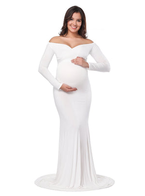 Fitted Maternity Gown Long Sleeve Cross-Front Maxi Dress