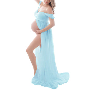 Off Shoulder Chiffon Gown Split Front Maxi Pregnancy Dress