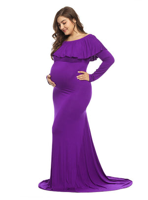 Fitted Long Sleeve Off Shoulder Ruffles Maxi Maternity Dress