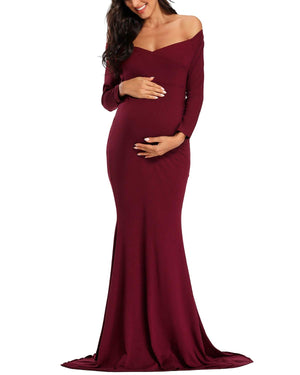 Off Shoulder Slim Cross-Front V Neck Long Sleeve Maternity Dress