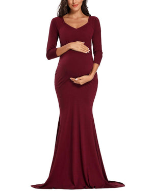 Off Shoulder Slim Cross-Front V Neck Long Sleeve Maternity Dress