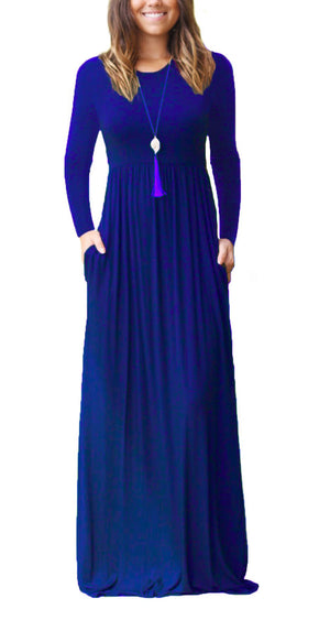 Round Neck Long Sleeves A-line Dress with Pocket