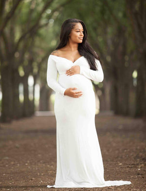 Fitted Maternity Gown Long Sleeve Cross-Front Maxi Dress
