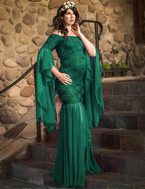 Fitted Gown Off Shoulder Long Flare Sleeve Chiffon Mermaid Maternity Dress