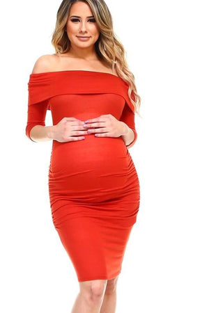 Rust Off The Shoulder Fitted Maternity Solid Dress