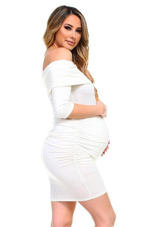 White Off The Shoulder Fitted Maternity Solid Dress