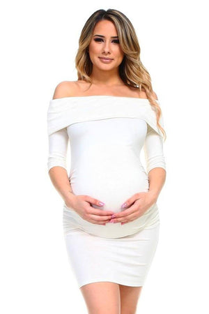 White Off The Shoulder Fitted Maternity Solid Dress