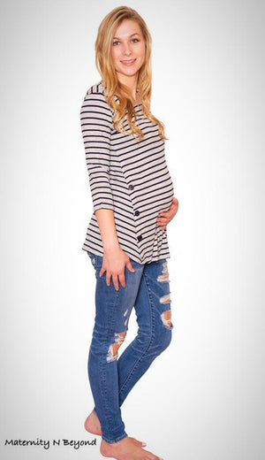 Grey Round Neck Knit Top with Navy Stripes