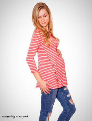 Coral Round Neck Knit Top with White Stripes