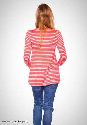 Coral Round Neck Knit Top with White Stripes