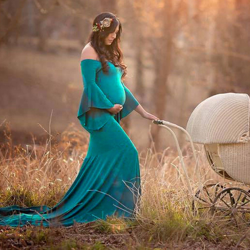 Shoulders Flare Sleeve Long Maternity Dress Shoulders Flare Sleeve Long Maternity Dress