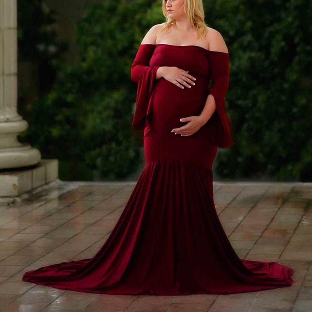 Shoulders Flare Sleeve Long Maternity Dress Shoulders Flare Sleeve Long Maternity Dress