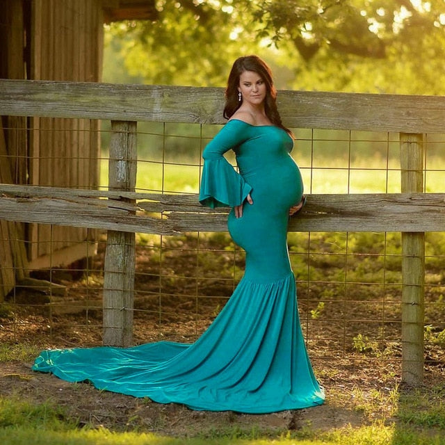 Shoulders Flare Sleeve Long Maternity Dress Shoulders Flare Sleeve Long Maternity Dress