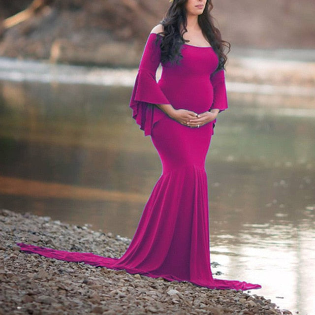 Shoulders Flare Sleeve Long Maternity Dress Shoulders Flare Sleeve Long Maternity Dress