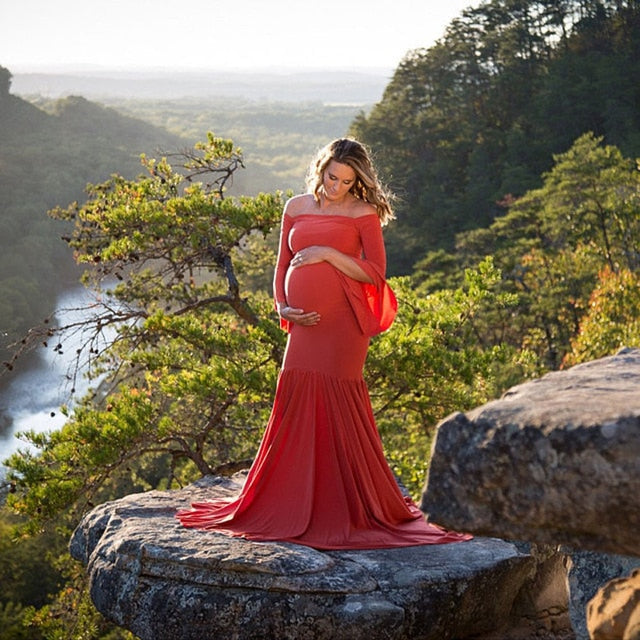 Shoulders Flare Sleeve Long Maternity Dress Shoulders Flare Sleeve Long Maternity Dress